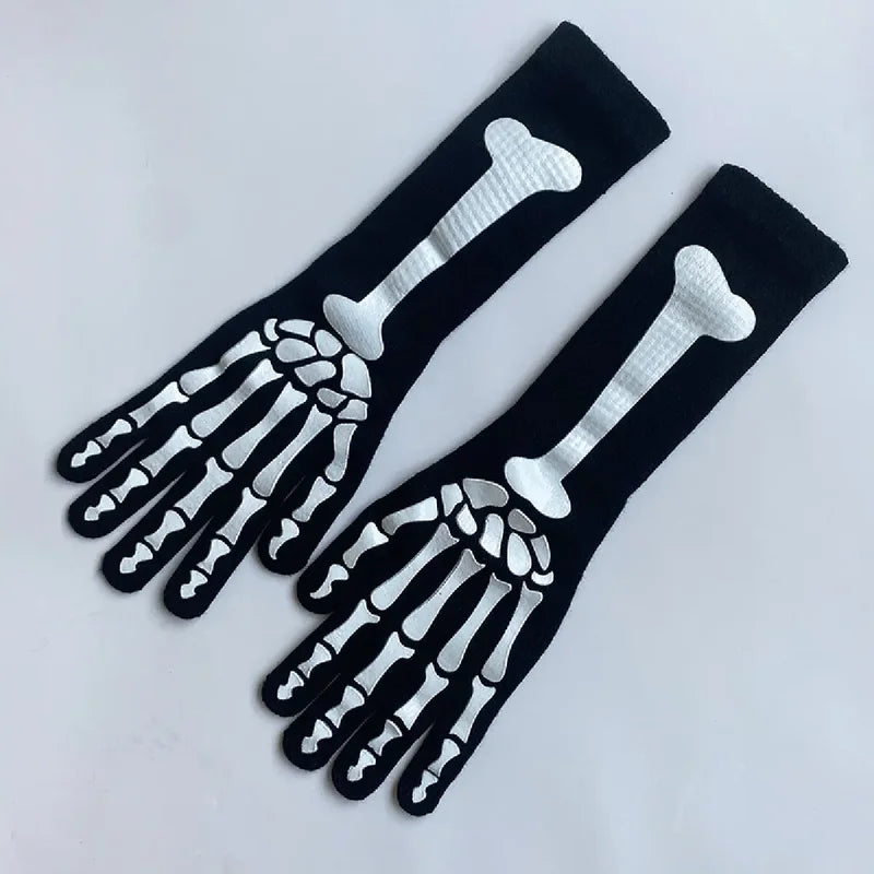 Halloween Skeleton Gloves - Dark Skeleton Pattern, Long Costume Gloves for Party & Cosplay
