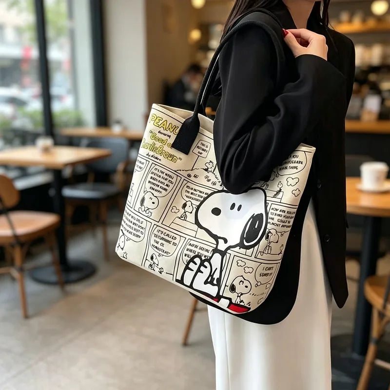 Large Capacity Snoopy Comic Canvas Tote Bag with Zipper | Eco Friendly Shopping Handbag for Students and Gifts