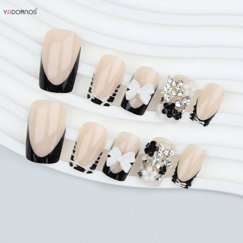 24pcs French Leopard Nail Set with 3D Bowknot & Rhinestone Stars - False Nails for Manicure
