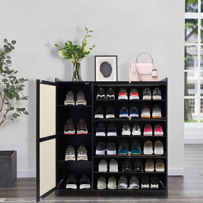 Bamboo Shoe Cabinet with Mesh Ventilation and Space Saving Doors - Entryway Organizer