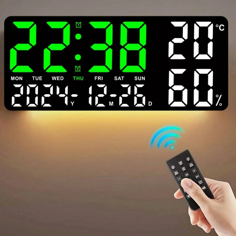Digital Wall Clock with 7-Color Mood Light, Dual Alarm, Temperature & Humidity Display