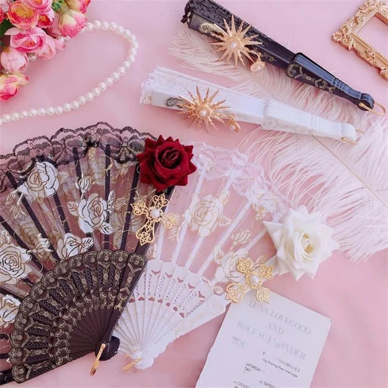 Vintage Gothic Lace Hand Fan for Weddings & Parties - Victorian Style Black Red Pink