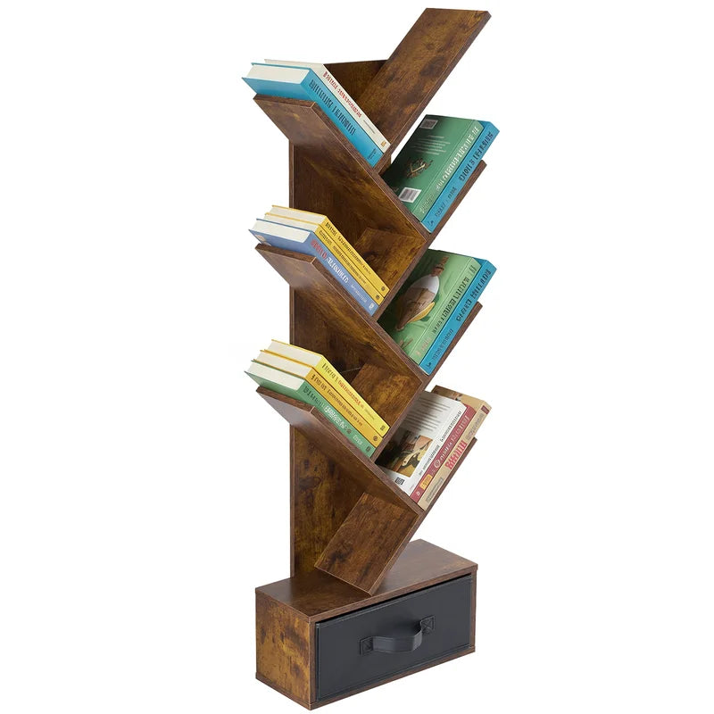 Geometric Wooden Book Rack - 7-Tier Tree Bookshelf with Drawer for Small Spaces
