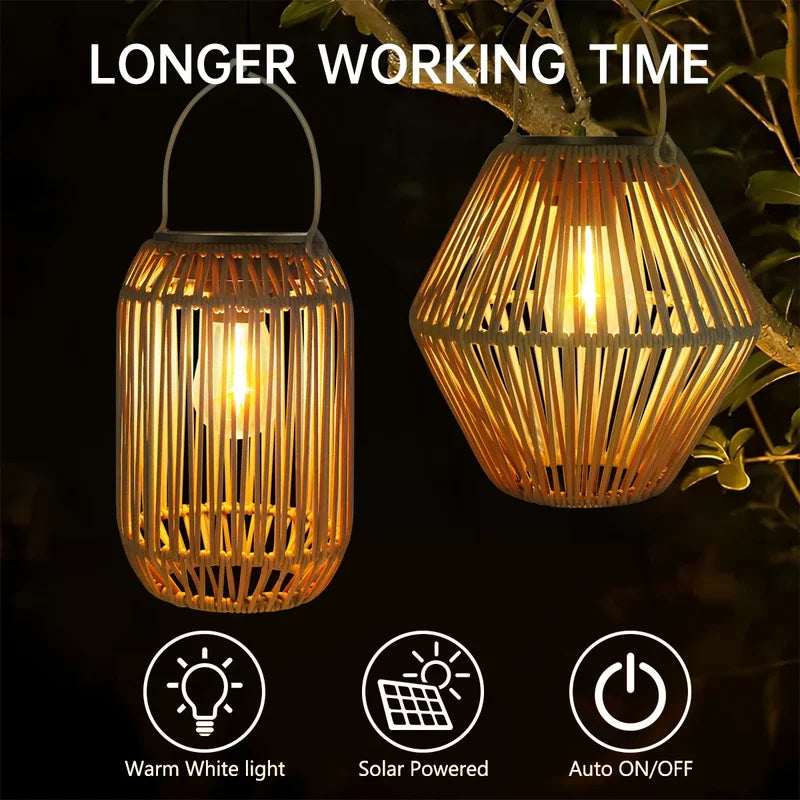 Outdoor Solar Lanterns Boho Rattan Hanging Lights for Garden Patio Yard