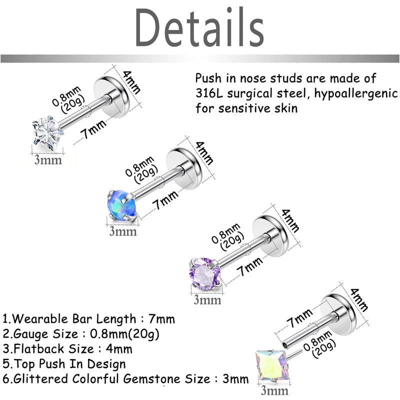 16-Piece Surgical Steel Threadless Jewelry Set for Ear Lip Nostrils - 3mm Crystal Opal