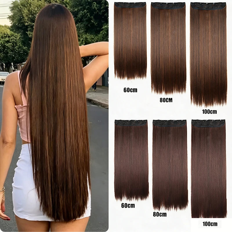 Clip-In Hair Extensions Long Straight Synthetic Hair - Natural Feel & Easy Application