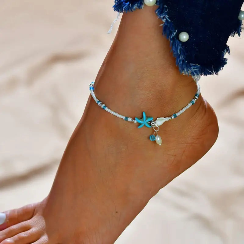Boho Turquoise Starfish Anklet with Adjustable Chain Summer Foot Jewelry for Women & Girls