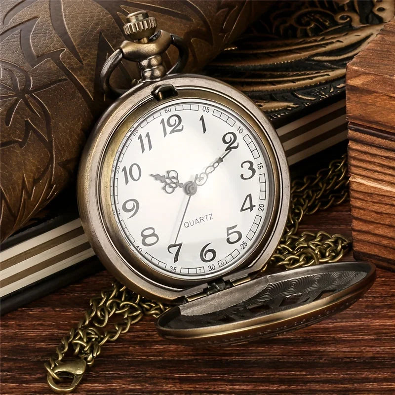 Vintage Steampunk Gear Quartz Pocket Watch with Necklace & World-Time