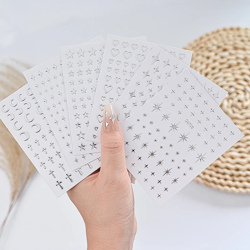 Silver Metallic Nail Stickers Set - 6 Sheets 3D Star Heart Chain Decals