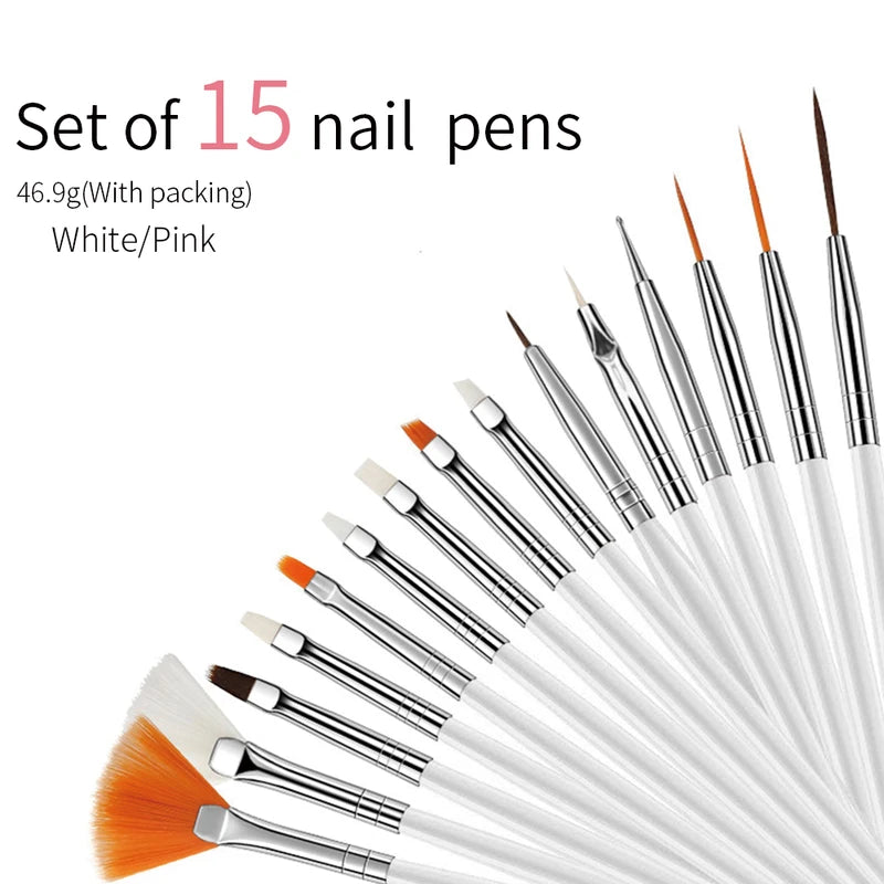 15-Piece Fine Detail Nail Art Brush Set for Acrylic Gel & Manicure Design
