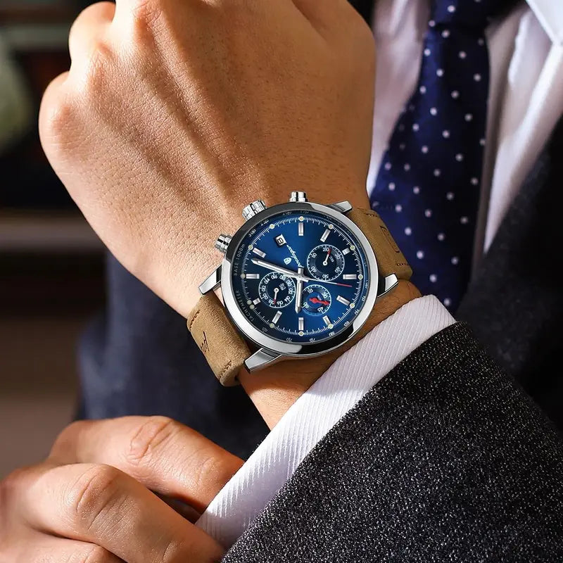 Luxury Men's Waterproof Luminous Chronograph Watch with Leather Strap