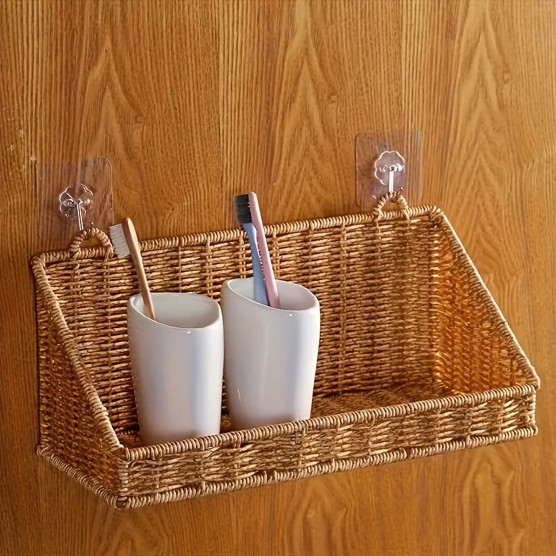 Rustic Wall-Mounted Woven Rattan Basket with Hooks for Bathroom Kitchen Bedroom