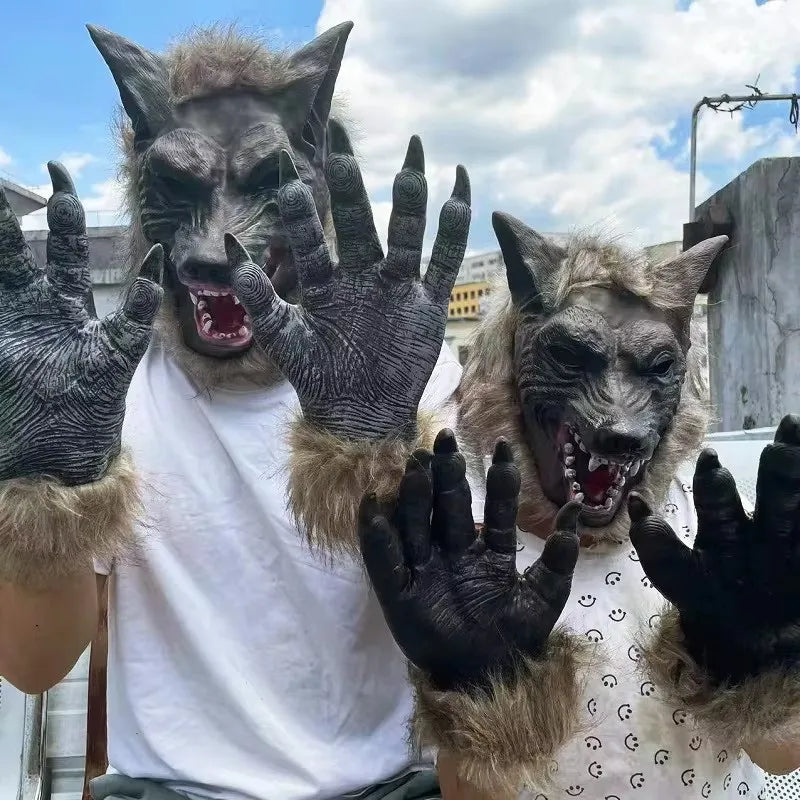 Halloween Wolf Head Latex Mask with Gloves Costume Prop for Party and Decor