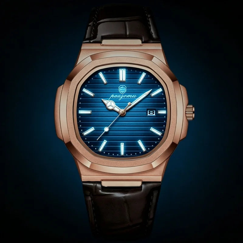Luxury Square Men’s Quartz Wristwatch Waterproof Luminous Leather Strap