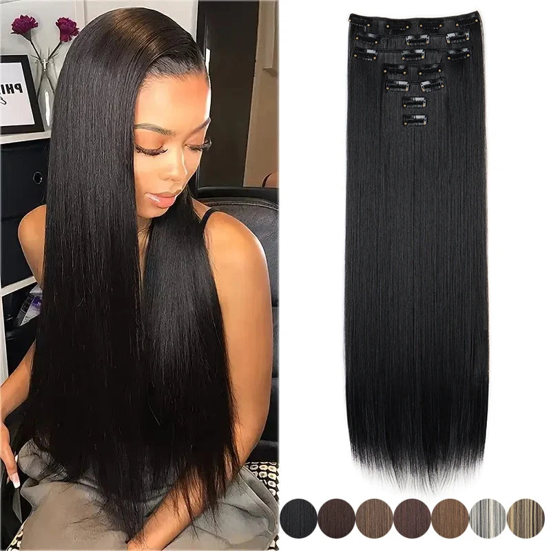 Synthetic Long Straight Hair Extensions Clips - 7Pcs Hairpiece for Women