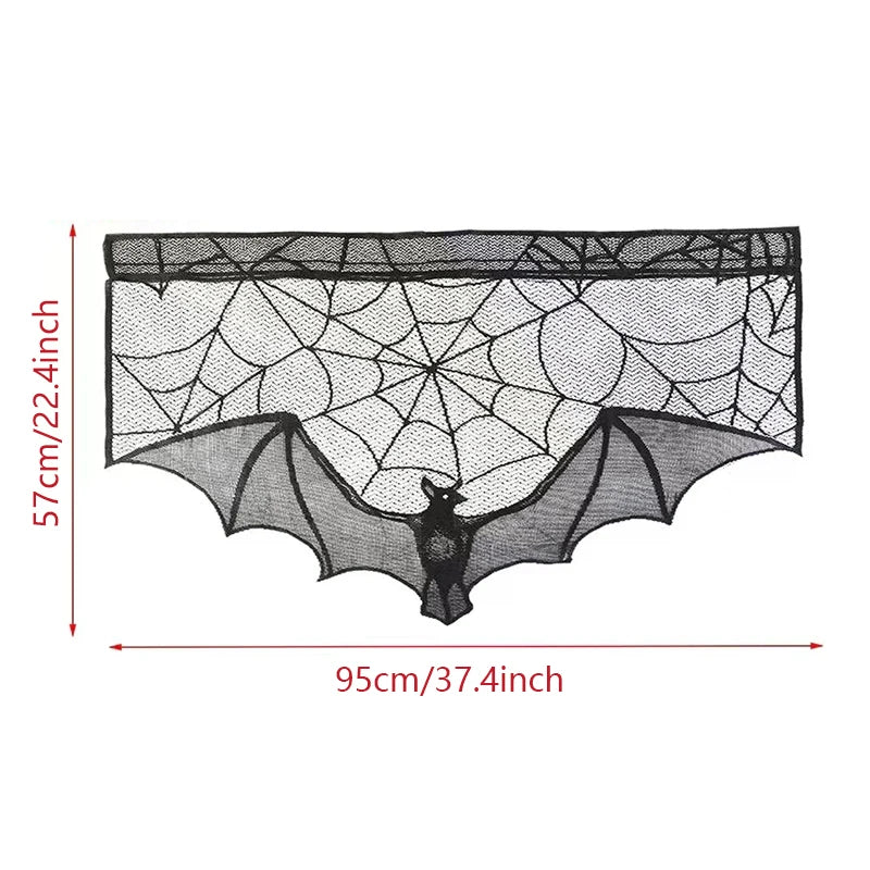 Halloween Lace Curtain Black Bat Spider Tablecloth Fireplace Mantel Cover Home Decor