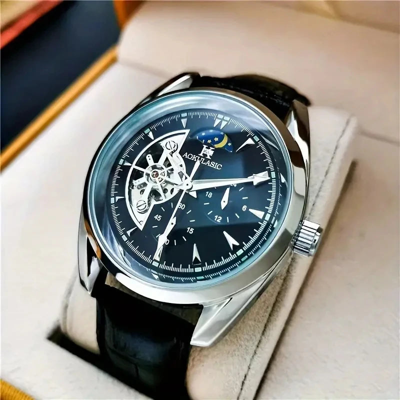 Men's Automatic Mechanical Watch with Moon Phase Skeleton Design - No Battery Needed