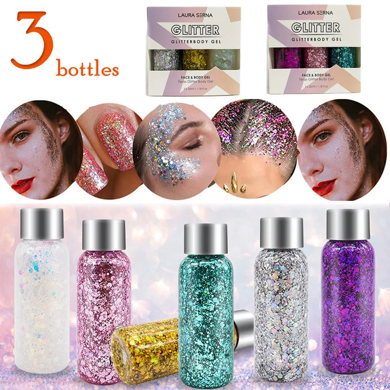 Glitter Body & Face Gel Set - 3 Bottles Sparkling Liquid Makeup for Festival & Party