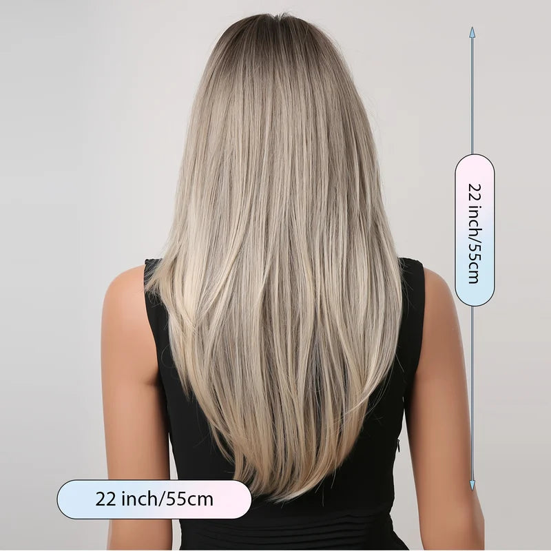 Ash Grey Brown Ombre Synthetic Wig with Curtain Bangs for Women - Layered, Straight Hair