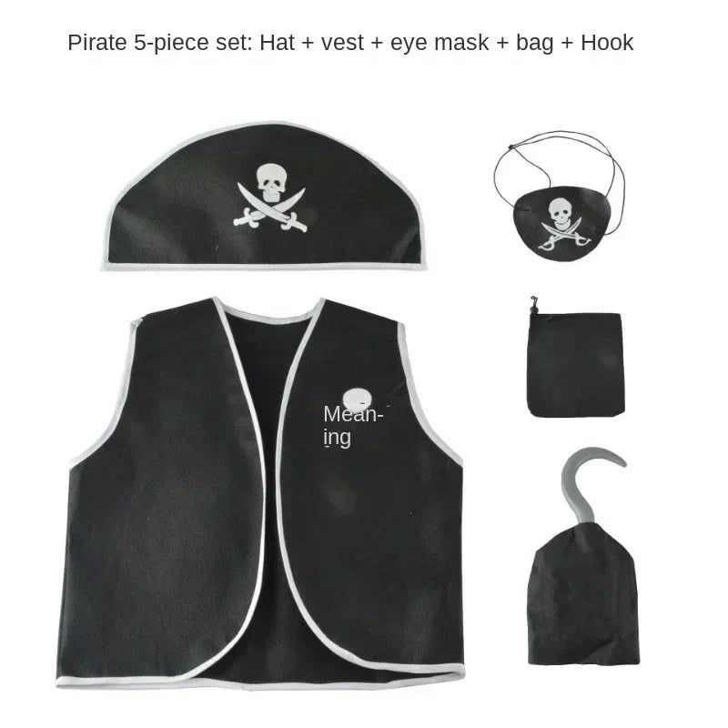Kids Pirate Costume Set with Vest Hat Hook and Bag for Boys Halloween Party