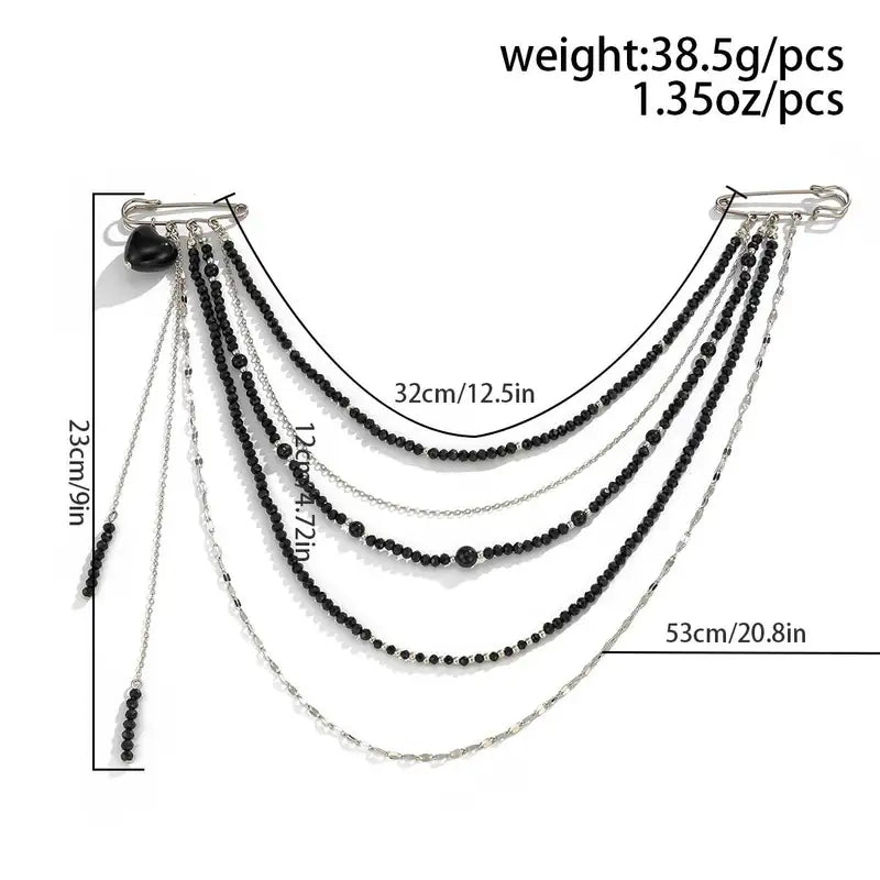 Black Crystal Bead Brooch for Women Multi-Layer Copper Chain Vintage Jewelry