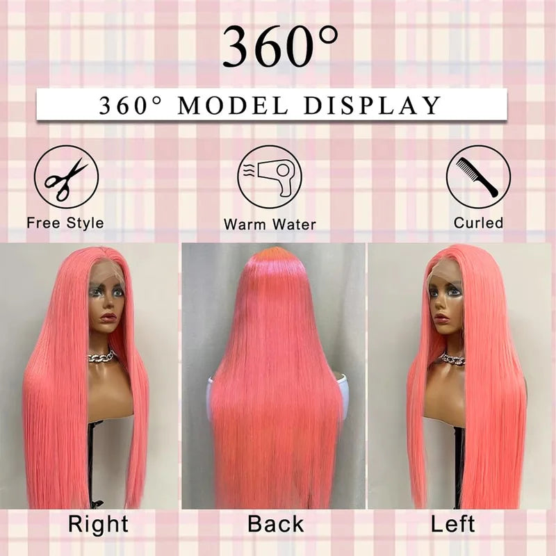 Pink Human Hair Wig 30-32 Inch Lace Front & HD Frontal, Natural Style