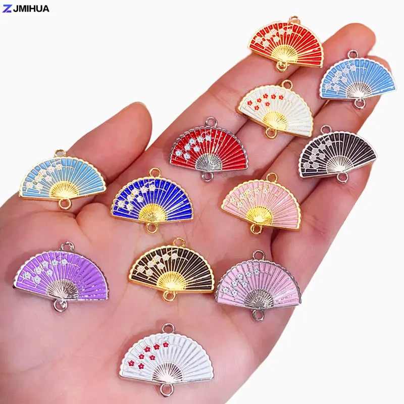 15pcs Enamel Fan Charms Connectors Sakura Pattern Jewelry Making Pendants