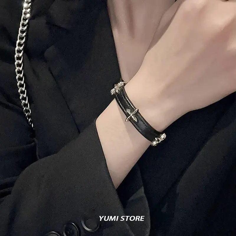 Vintage Cross Flower Leather Bracelet for Women Gothic Punk Adjustable Jewelry