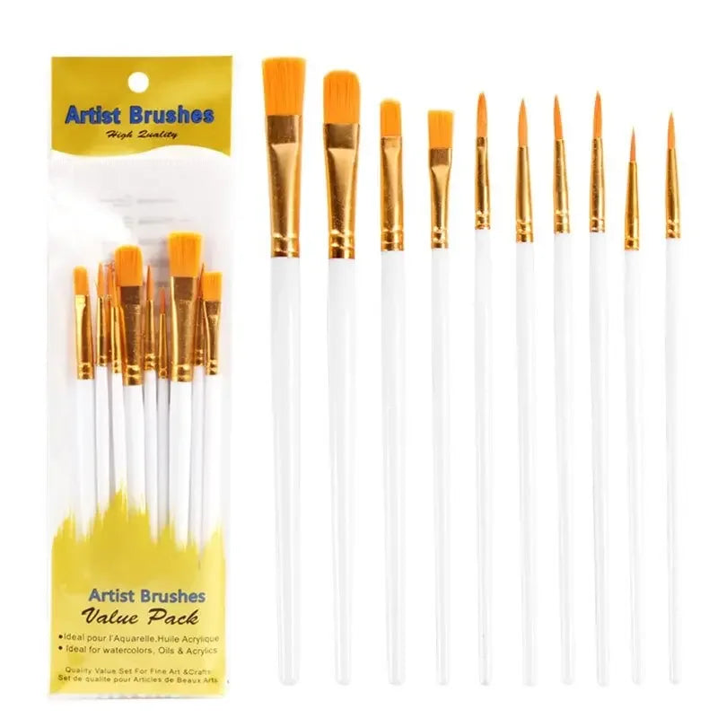 10-Piece Paint Brush Set - Nylon Hair Art & Craft Brushes for Acrylic, Watercolor, Oil, Nail & Face Painting