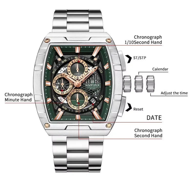 Luxury Men's Quartz Tonneau Watch with Chronograph and Water Resistance