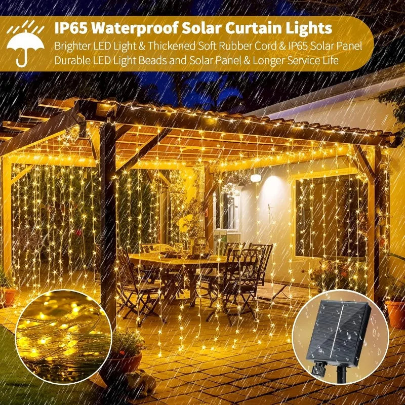 Outdoor Solar Curtain String Lights 3x3M 600 LEDs Holiday & Party Decor