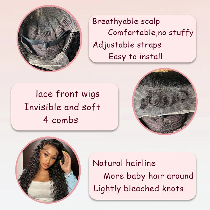 Water Wave 13x6 Lace Front Wigs Human Hair Deep Curly Wet and Wavy Natural Color