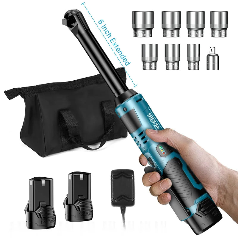 Cordless Electric Impact Wrench 3/8 Inch 55Nm Long Reach Car Repair Tool with 2 Batteries