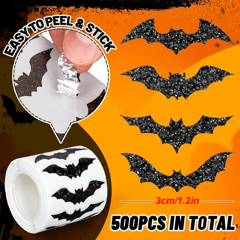 Halloween Bat Stickers Set - Waterproof Glitter Self-Adhesive Decor Roll, 500pcs