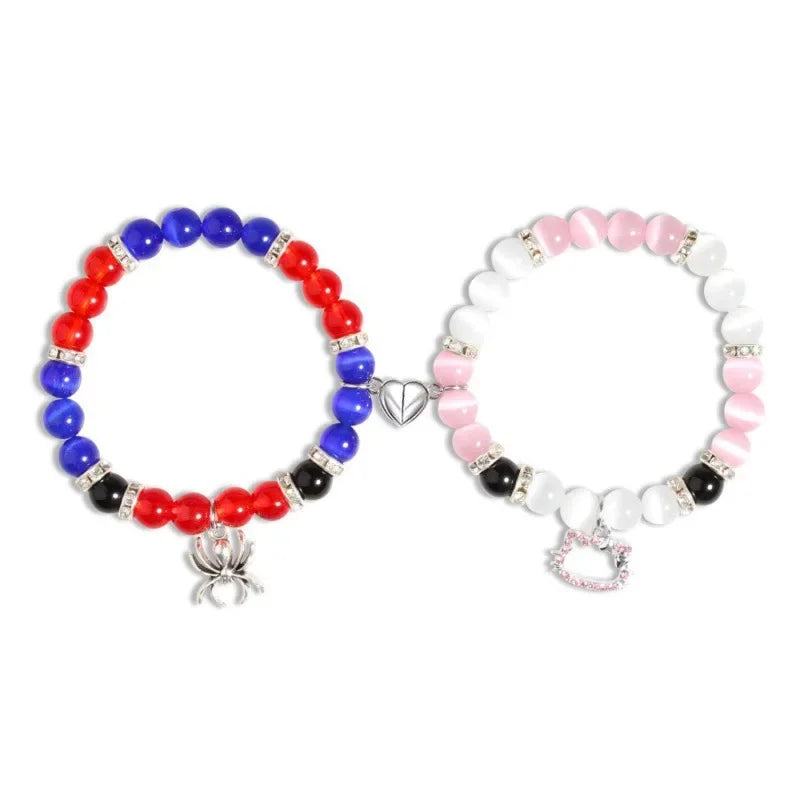 2 Pack Beaded Cat Charm Bracelets for Best Friend Multi Color Heart & Spider Design