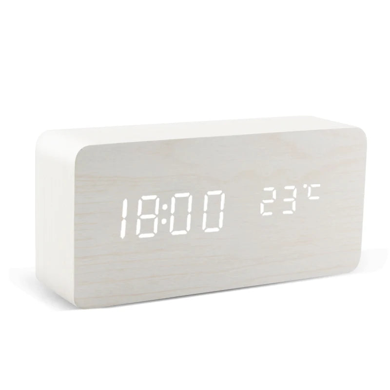 Wooden LED Alarm Clock with Voice Control and Digital Display - USB & Battery Powered