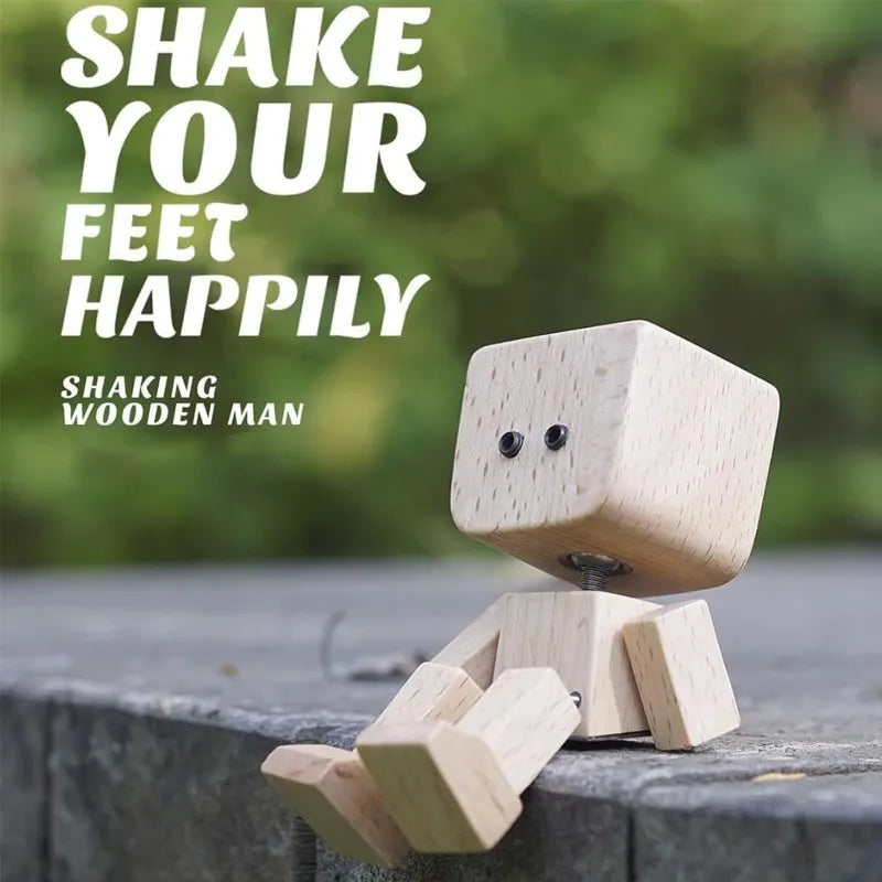 Wooden Man Figurine - Shaking Wooden Sculpture for Car, Desk & Home Decor
