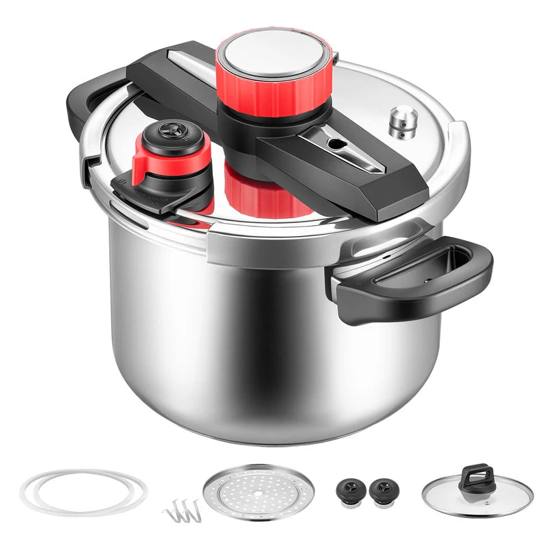 Stainless Steel Pressure Cooker 6.3 Qt with Steaming Rack and Glass Lid - Compatible with Gas, Electric, Induction Stovetops