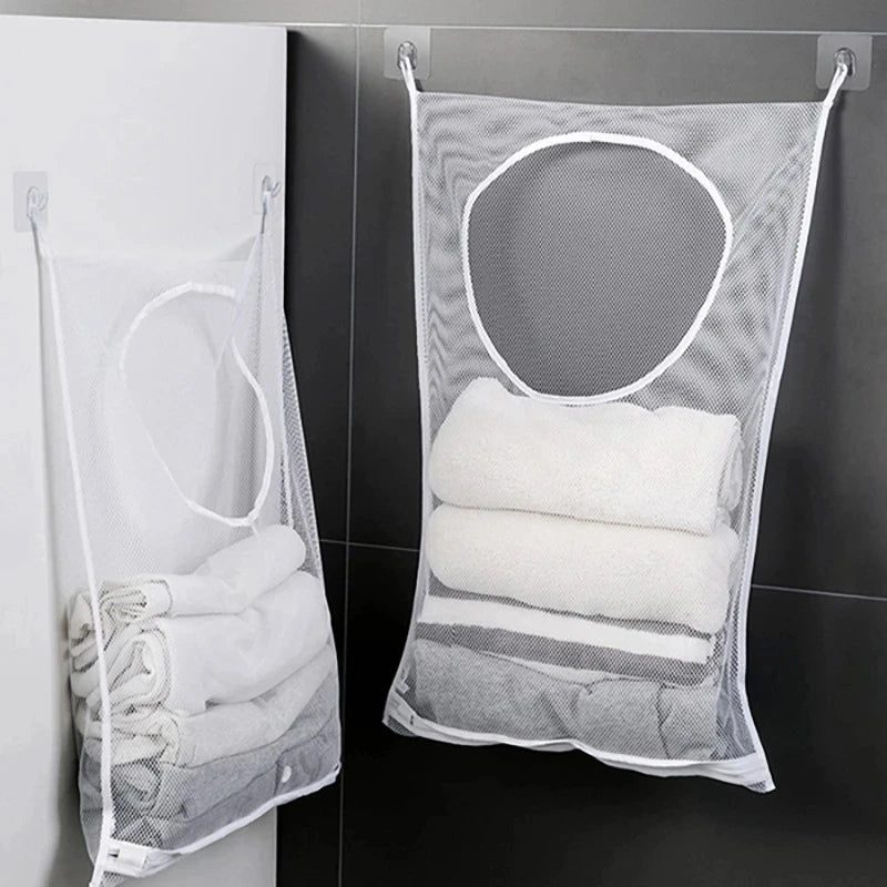 Foldable Mesh Laundry Basket with Wall Hook - Clothing Organizer & Storage Bag