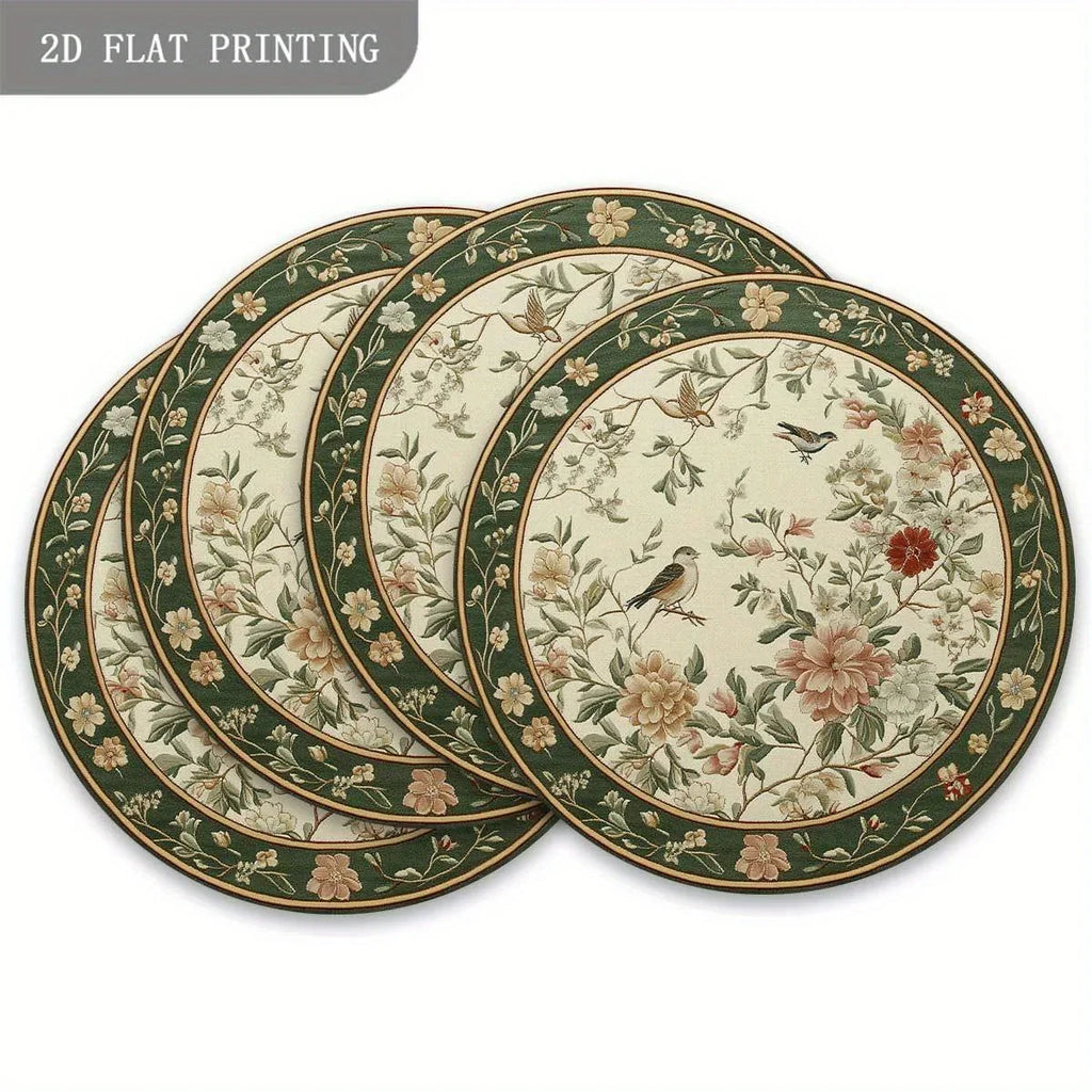 4-Piece Round Placemat Set with Floral Bird Print - Heat-Resistant & Non-Slip Linen Kitchen Decor