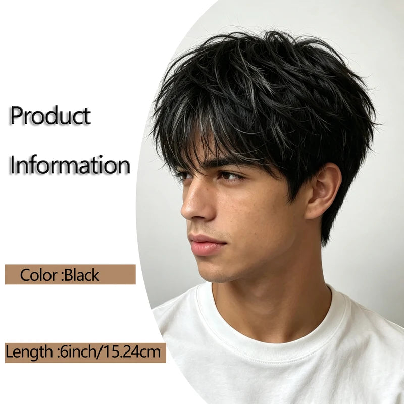 Black Synthetic Cosplay Wig Men Short Messy Layered Heat Resistant Fiber for Halloween