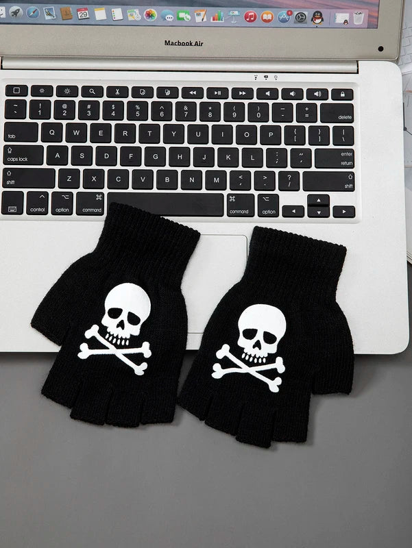 Kids Halloween Skeleton Skull Half Finger Luminous Punk Gloves Black & Green