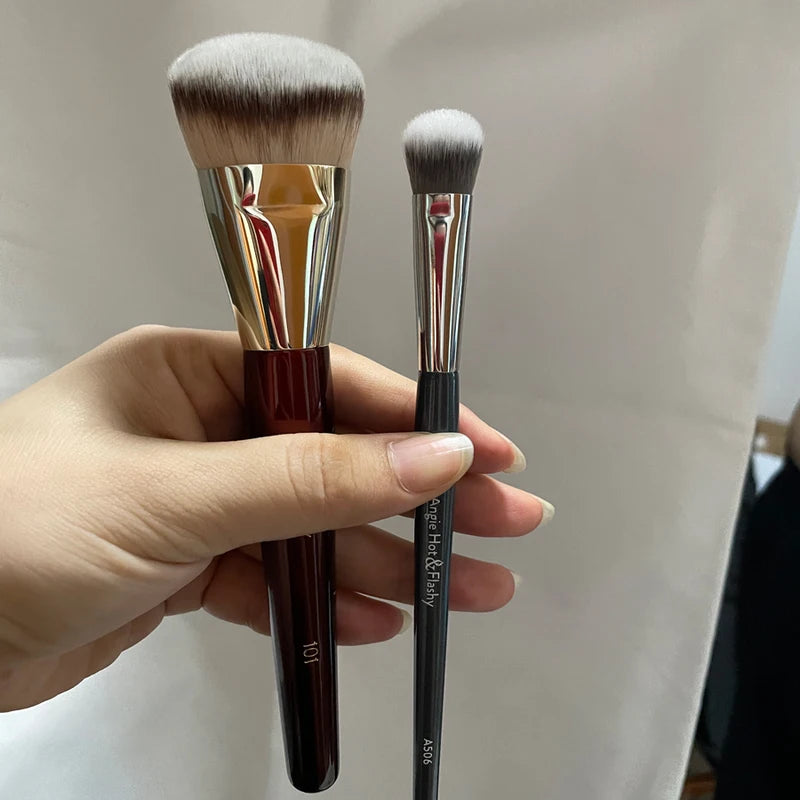 Contoured Makeup Brushes Set - Angled Foundation & Concealer Tools with Red Wood Handles