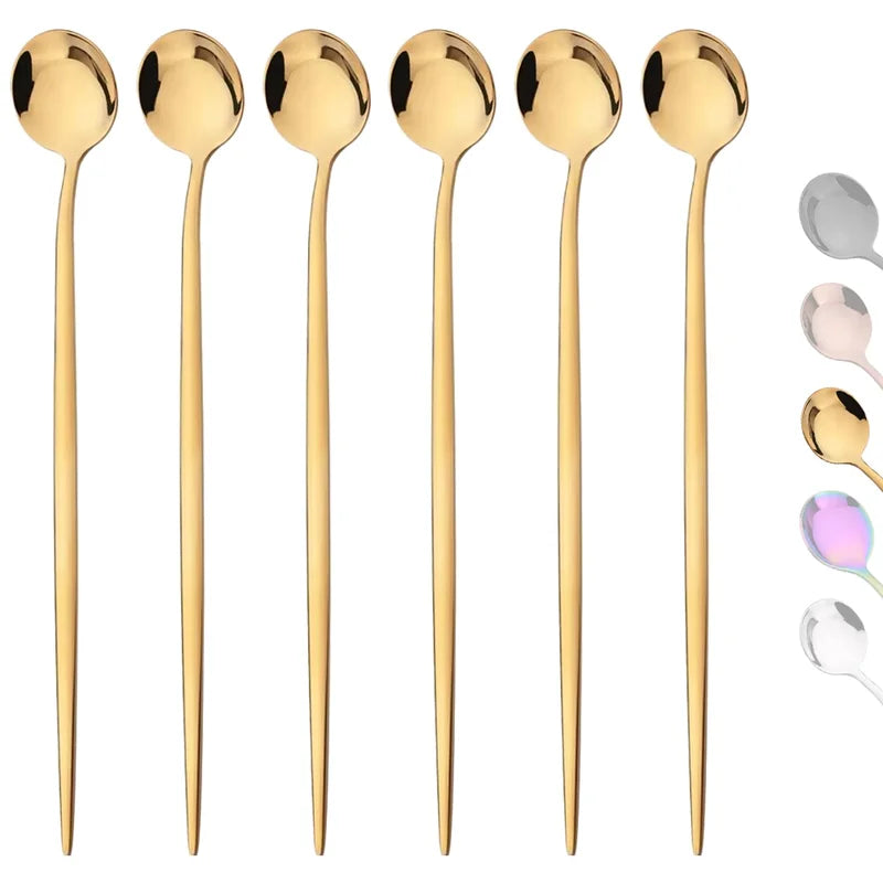6-Piece Stainless Steel Long Handle Ice Spoon Set - Gold-Tone Coffee & Tea Stirring Utensils