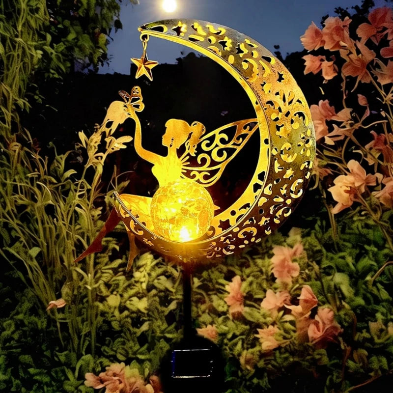 Solar Fairy Moon Garden Statues Outdoor Decor Light Stake for Patio Yard