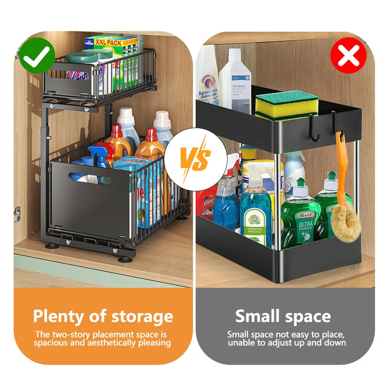 2-Tier Pull Out Cabinet Organizer Adjustable Kitchen Storage Rack for Under Sink