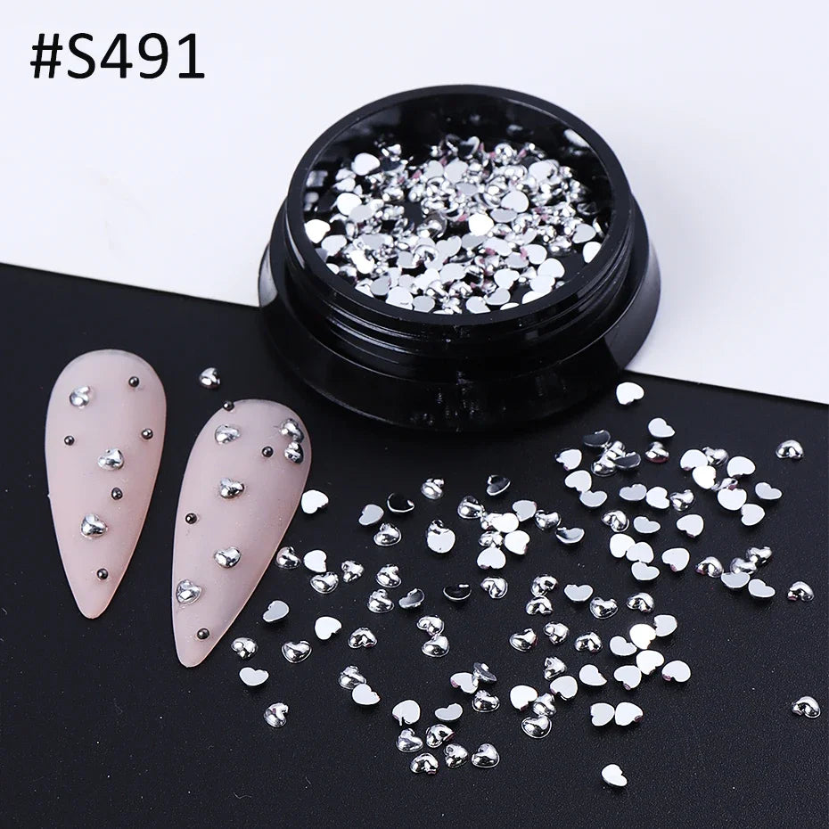 Silver Heart Nail Charms 3D Metal Flat Love Nail Art Decorations Set