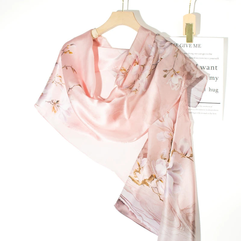 Women Silk Scarf with Floral Design - Sun Protection & Beach Wrap