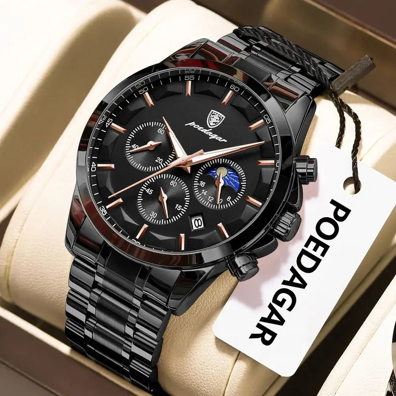 Waterproof Luminous Stainless Steel Men's Chronograph Watch - Business Casual Quartz Wristwatch