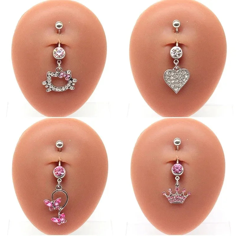 Butterfly Heart Drop Belly Button Rings - Crystal Stone Navel Jewelry for Women